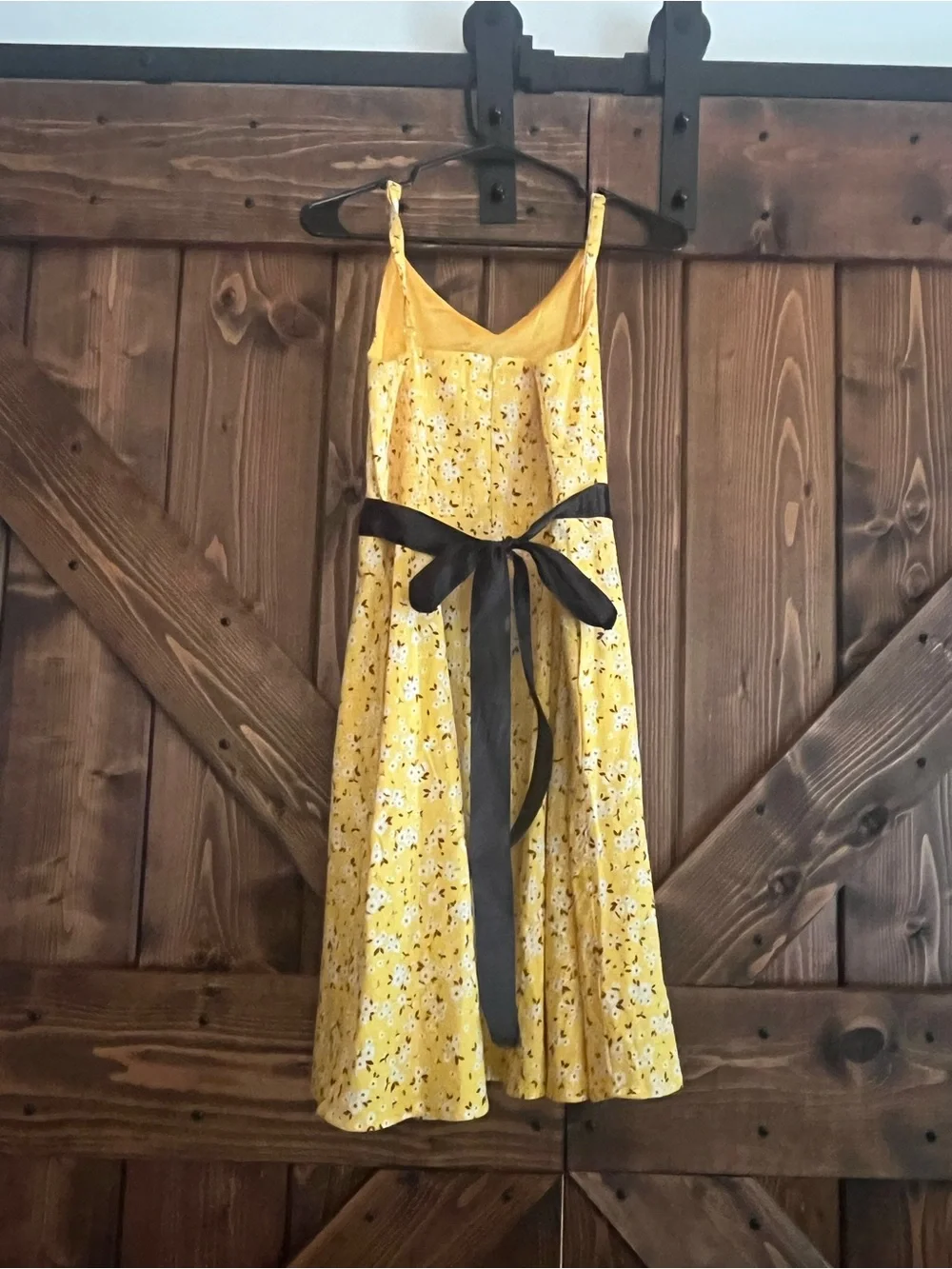 Yellow Floral Spaghetti-Strap Dress with Black Waist